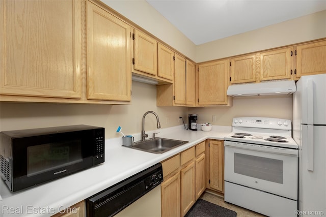 1127 S Lake Dr Unit 212, Novi, MI 48377 - kitchen featuring white appliances, under cabinet range hood, light brown cabinets, and light countertops