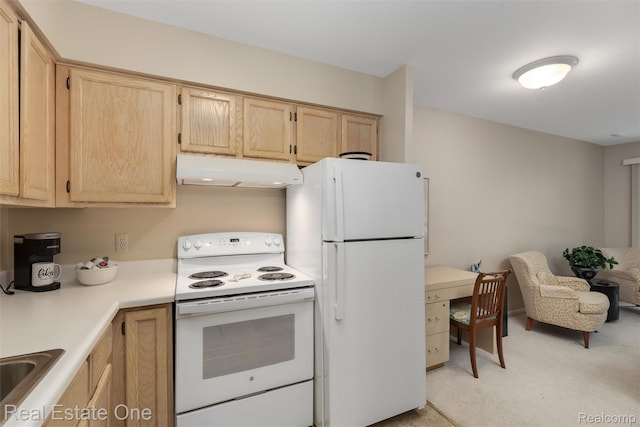 1127 S Lake Dr Unit 212, Novi, MI 48377 - kitchen with light brown cabinets, white appliances, light colored carpet, and under cabinet range hood