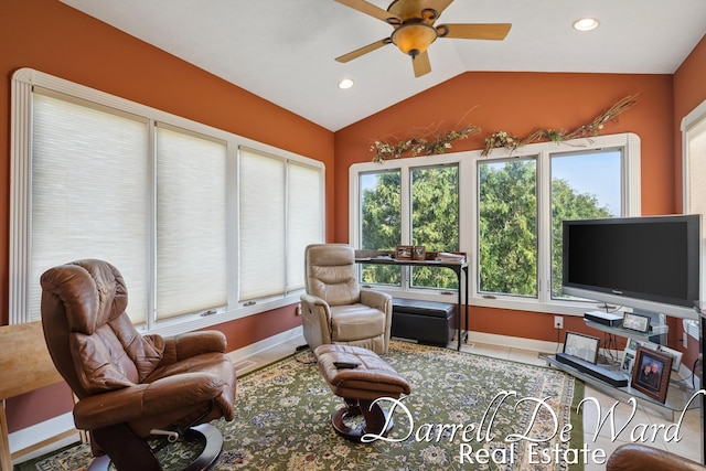 2711 Byron Station Dr SW, Byron Center, MI 49315 - living area with a ceiling fan, lofted ceiling, recessed lighting, and tile patterned flooring