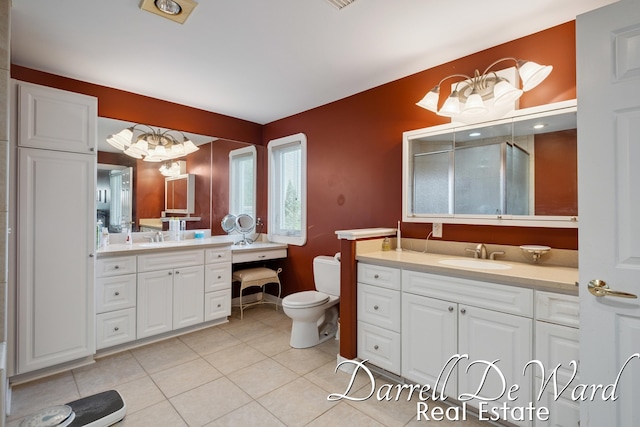 2711 Byron Station Dr SW, Byron Center, MI 49315 - bathroom with vanity, tile patterned flooring, a shower with shower door, and a chandelier