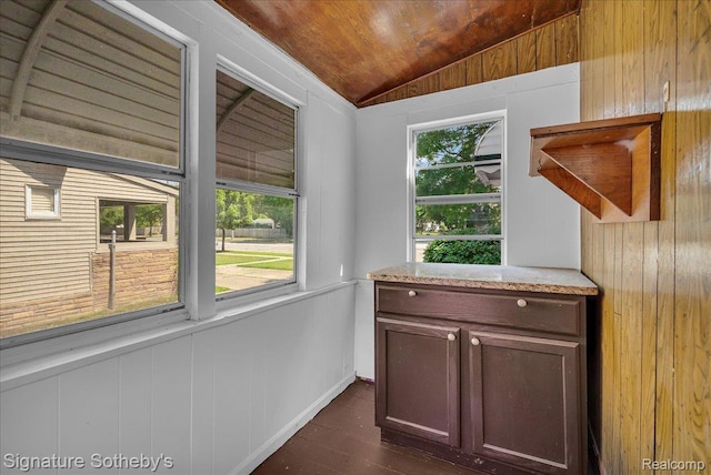 1221 E 13 Mile Rd, Royal Oak, MI 48073 - interior space featuring lofted ceiling, wooden ceiling, dark wood-style floors, and wooden walls