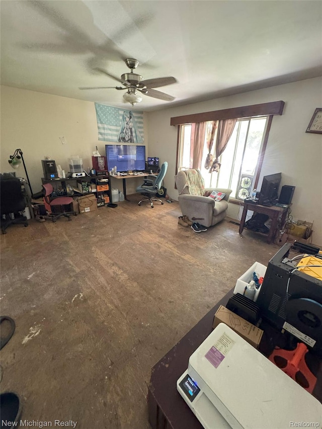 5407 Ostrom Rd, Attica, MI 48412 - living room with unfinished concrete floors and ceiling fan