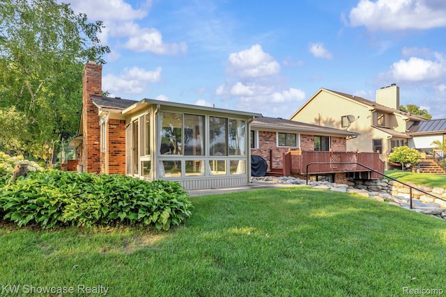 1830 Majon, Highland, MI 48356 - back of house with a sunroom, a chimney, a yard, and brick siding