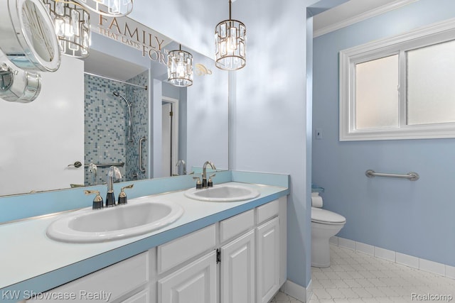 1830 Majon, Highland, MI 48356 - full bath featuring a chandelier, double vanity, tiled shower, and crown molding