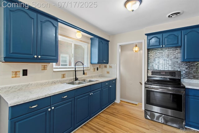 7235 Stout St, Detroit, MI 48228 - kitchen with blue cabinetry, stainless steel range with electric cooktop, and backsplash