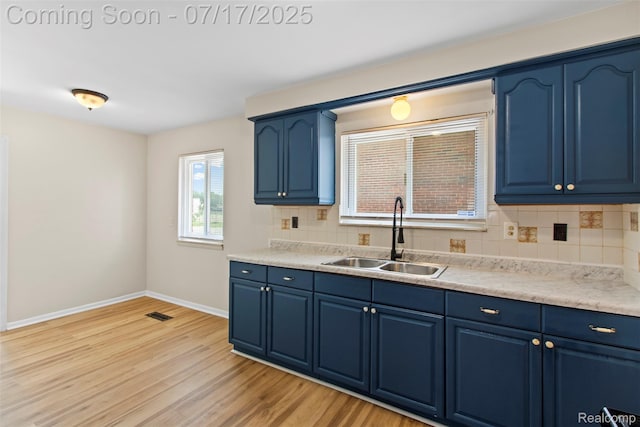 7235 Stout St, Detroit, MI 48228 - kitchen with blue cabinetry, light wood-style floors, decorative backsplash, and light countertops