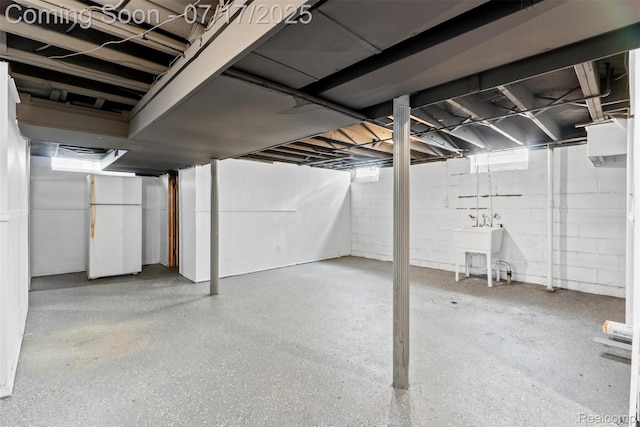 7235 Stout St, Detroit, MI 48228 - unfinished below grade area with freestanding refrigerator