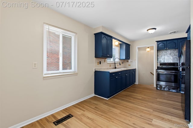 7235 Stout St, Detroit, MI 48228 - kitchen with blue cabinetry, stainless steel range with electric stovetop, light countertops, decorative backsplash, and light wood-type flooring