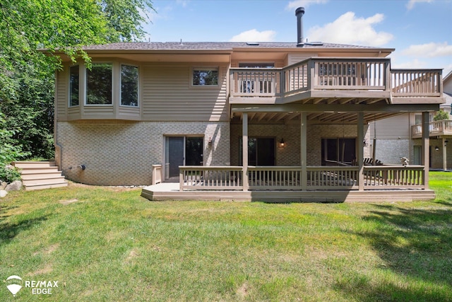 8078 Hawkcrest Dr, Grand Blanc, MI 48439 - back of property featuring brick siding, a lawn, and a wooden deck