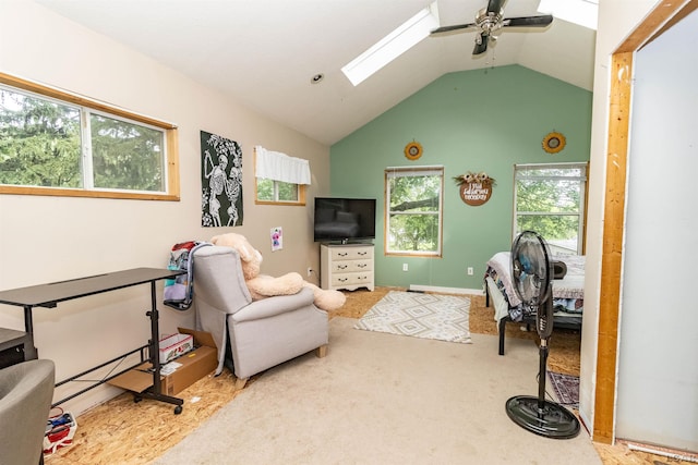 1193 Seneca St, Adrian, MI 49221 - office featuring a skylight, a ceiling fan, lofted ceiling, plenty of natural light, and carpet floors
