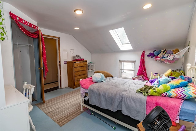 1193 Seneca St, Adrian, MI 49221 - bedroom featuring a skylight, vaulted ceiling, recessed lighting, and concrete floors