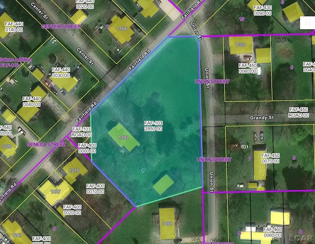 1193 Seneca St, Adrian, MI 49221 - aerial map of property and surrounding area featuring property boundaries highlighted