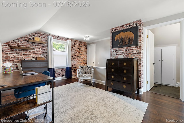1816 Roslyn Rd, Grosse Pointe Woods, MI 48236 - office featuring wood finished floors, brick wall, and lofted ceiling
