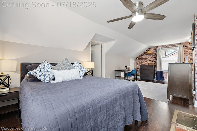 1816 Roslyn Rd, Grosse Pointe Woods, MI 48236 - bedroom featuring dark wood-type flooring, brick wall, ceiling fan, and lofted ceiling