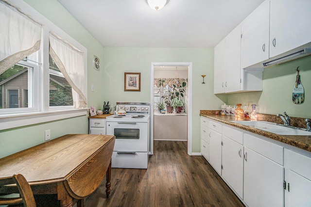 5097 Jackson Rd, Ann Arbor, MI 48103 - kitchen with white electric range, healthy amount of natural light, dark wood finished floors, and white cabinets