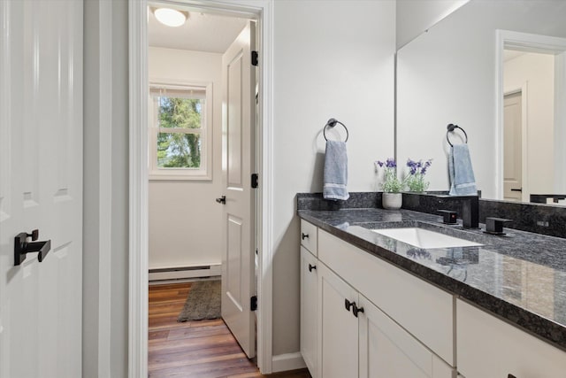 10999 M 140, Niles, MI 49120 - bathroom with vanity, wood finished floors, and a baseboard heating unit