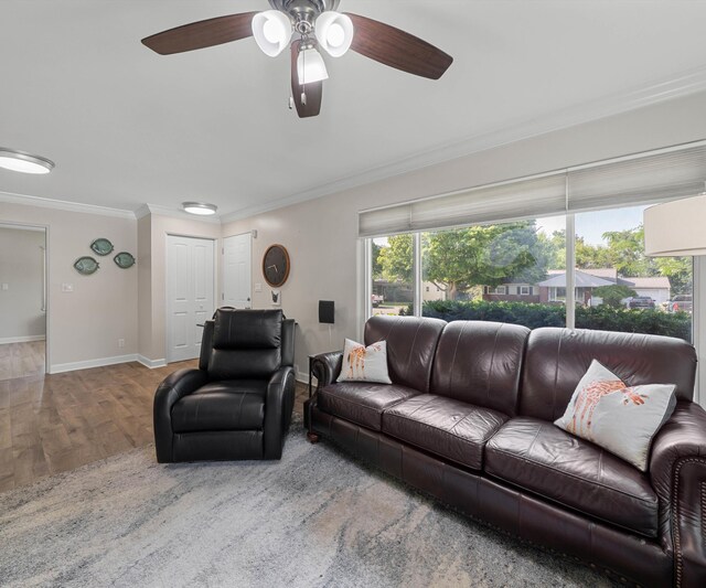 700 Devonshire Rd, Fowlerville, MI 48836 - living area featuring ornamental molding, wood finished floors, healthy amount of natural light, and ceiling fan