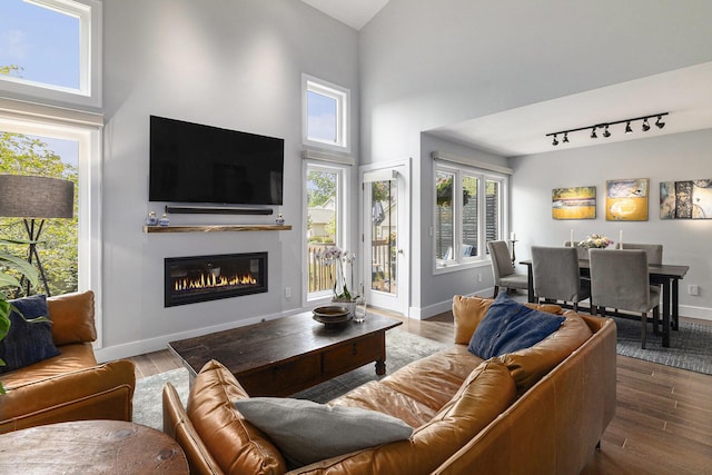113 Ponds View Dr, Ann Arbor, MI 48103 - living area featuring a glass covered fireplace, a high ceiling, and wood finished floors