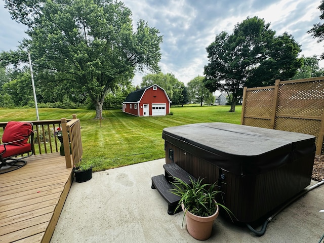 937 Alles Dr SW, Byron Center, MI 49315 - deck with a hot tub, a yard, a barn, a garage, and an outdoor structure