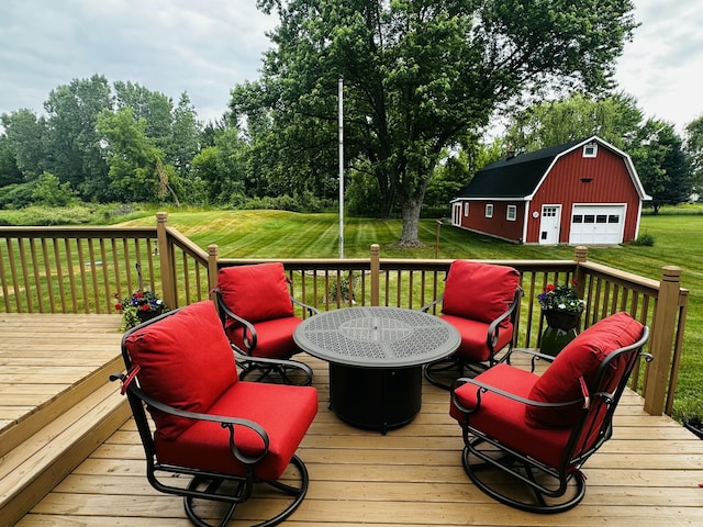 937 Alles Dr SW, Byron Center, MI 49315 - wooden deck featuring a detached garage, a barn, an outbuilding, a yard, and outdoor dining area