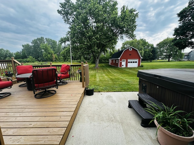 937 Alles Dr SW, Byron Center, MI 49315 - deck featuring a hot tub, a barn, a lawn, a detached garage, and an outdoor structure