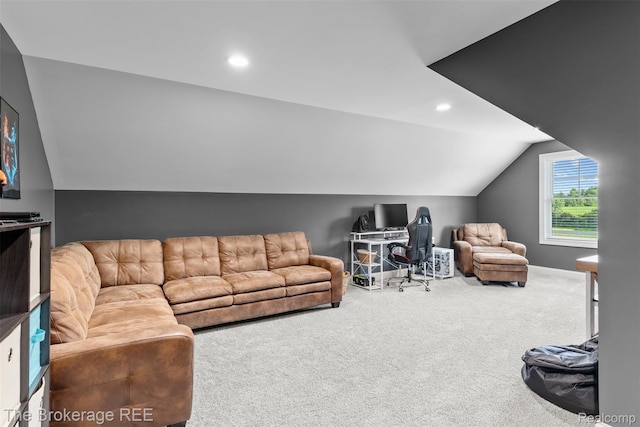 6264 Hidden Forrest, Swartz Creek, MI 48473 - living room featuring lofted ceiling, carpet floors, and recessed lighting