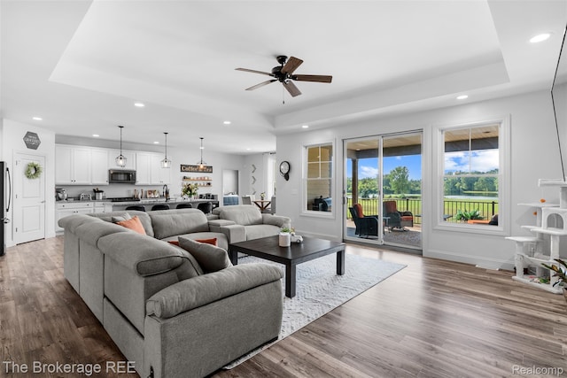 6264 Hidden Forrest, Swartz Creek, MI 48473 - living area featuring a tray ceiling, recessed lighting, ceiling fan, and wood finished floors