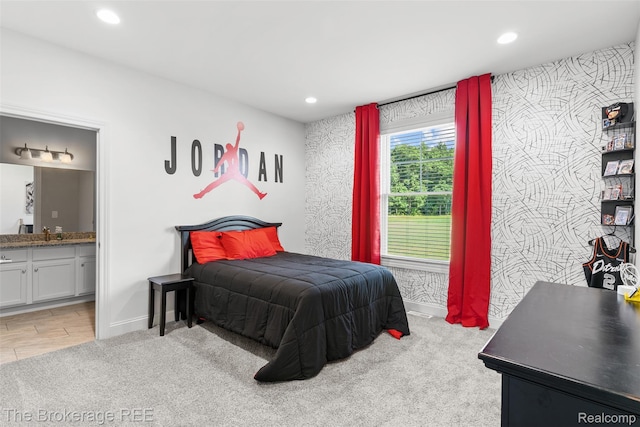 6264 Hidden Forrest, Swartz Creek, MI 48473 - bedroom with recessed lighting, connected bathroom, and light carpet