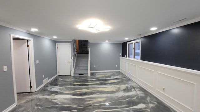 28740 Tavistock Trl, Southfield, MI 48034 - finished basement with ornamental molding, stairway, and recessed lighting
