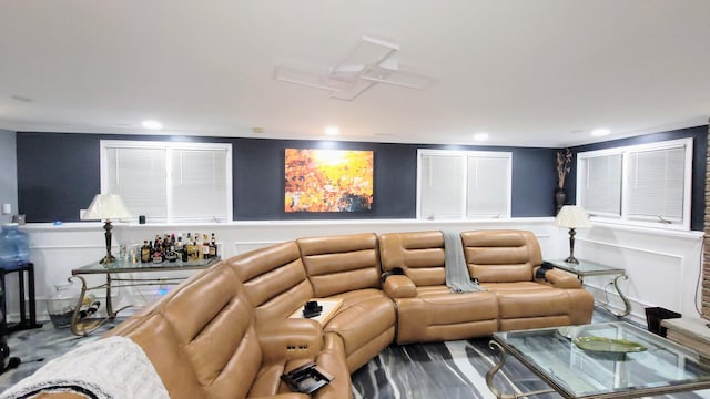 28740 Tavistock Trl, Southfield, MI 48034 - cinema featuring a decorative wall, wainscoting, recessed lighting, and a bar