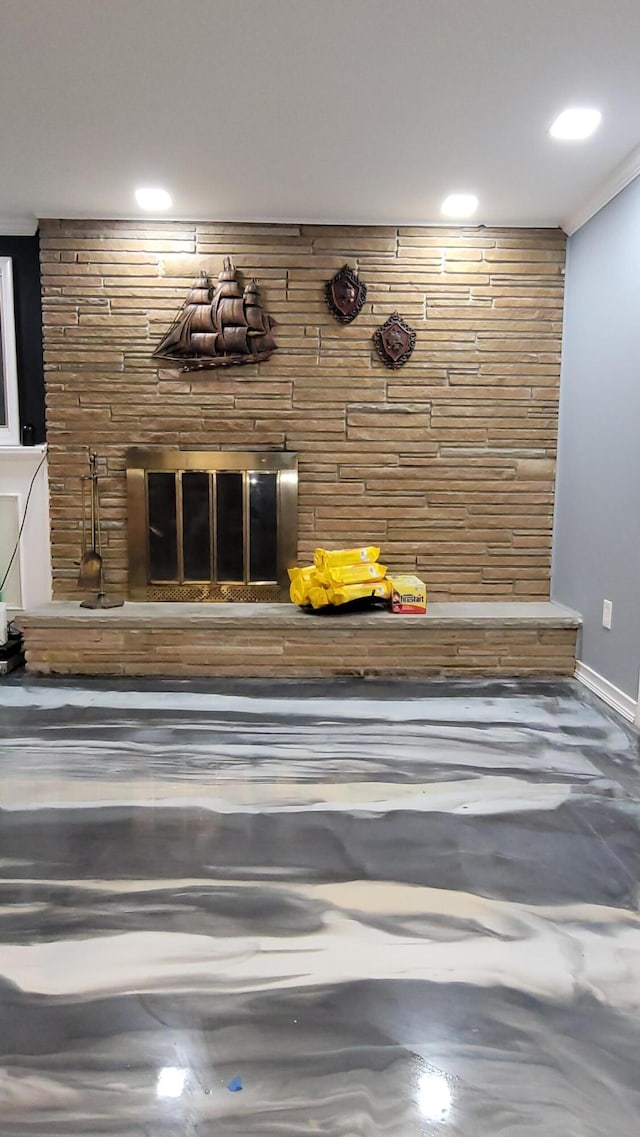 28740 Tavistock Trl, Southfield, MI 48034 - detailed view of a fireplace, recessed lighting, and crown molding