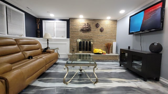 28740 Tavistock Trl, Southfield, MI 48034 - living room with ornamental molding, a large fireplace, and recessed lighting