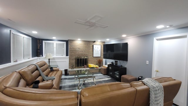 28740 Tavistock Trl, Southfield, MI 48034 - living area featuring recessed lighting, a stone fireplace, and crown molding