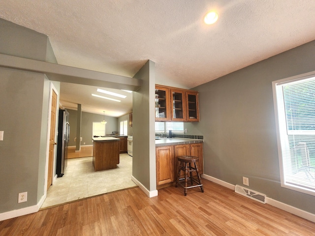6580 Deerfield Trl, Lake, MI 48632 - kitchen featuring brown cabinets, light wood-type flooring, glass insert cabinets, lofted ceiling, and healthy amount of natural light