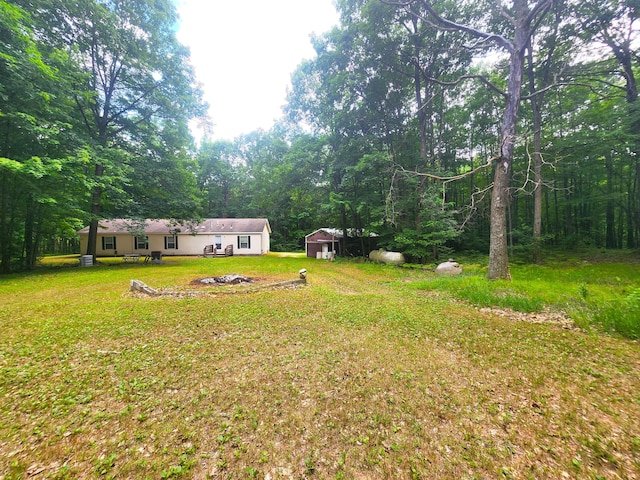 6580 Deerfield Trl, Lake, MI 48632 - view of grassy yard with a fire pit and a storage unit