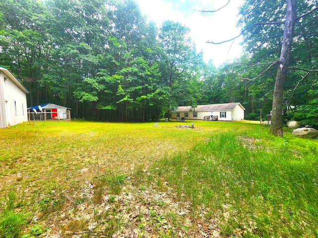 6580 Deerfield Trl, Lake, MI 48632 - view of grassy yard with a wooded view and an outdoor structure