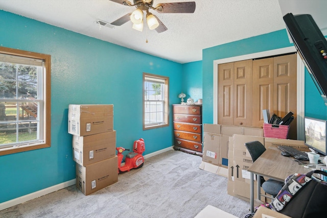 1903 Bucholtz Hwy, Deerfield, MI 49238 - office area featuring ceiling fan, carpet floors, and a textured ceiling