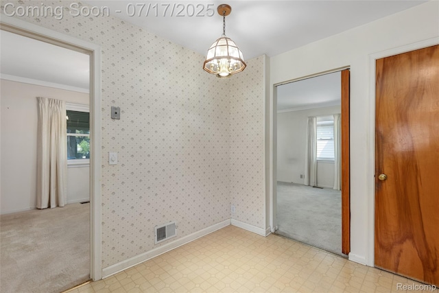 6455 Mayfair St, Taylor, MI 48180 - spare room featuring a chandelier, healthy amount of natural light, crown molding, and wallpapered walls