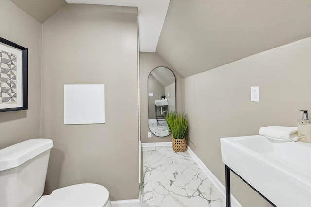 233 Outer Ln, Ypsilanti, MI 48198 - half bathroom featuring marble finish flooring, vaulted ceiling, and vanity