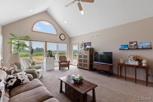 5726 Wolf Creek Hwy, Adrian, MI 49221 - carpeted living area with high vaulted ceiling and a ceiling fan