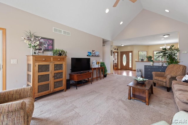 5726 Wolf Creek Hwy, Adrian, MI 49221 - living room with carpet, a ceiling fan, high vaulted ceiling, and recessed lighting