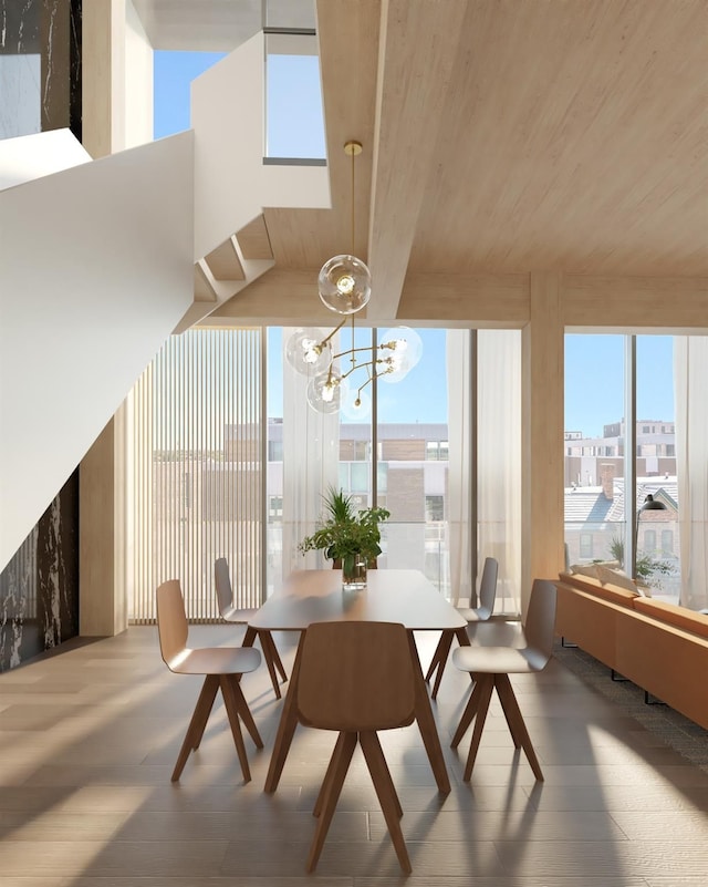 2827 John R St Unit 3, Detroit, MI 48201 - dining room featuring a chandelier, plenty of natural light, wooden ceiling, and wood finished floors