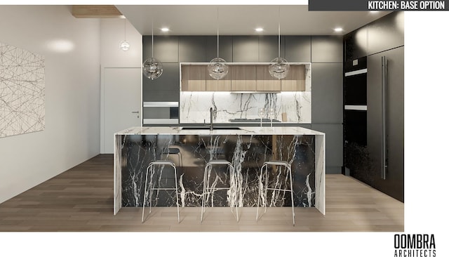 2827 John R St Unit 3, Detroit, MI 48201 - kitchen featuring modern cabinets, light wood-type flooring, a spacious island, light stone counters, and a breakfast bar