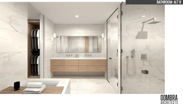 2827 John R St Unit 3, Detroit, MI 48201 - bathroom featuring a stall shower, double vanity, marble finish flooring, tile walls, and recessed lighting