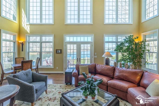 living room featuring french doors, a towering ceiling, hardwood / wood-style flooring, and a wealth of natural light