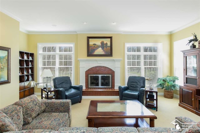 living room featuring carpet flooring, crown molding, and a brick fireplace