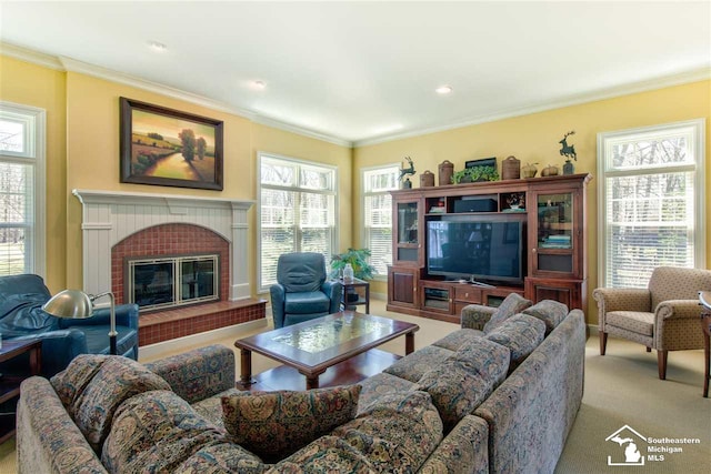 carpeted living room with a healthy amount of sunlight and ornamental molding