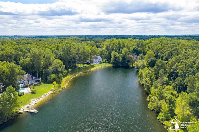 drone / aerial view with a water view