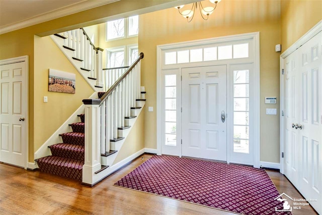 foyer entrance with wood-type flooring, an inviting chandelier, plenty of natural light, and ornamental molding