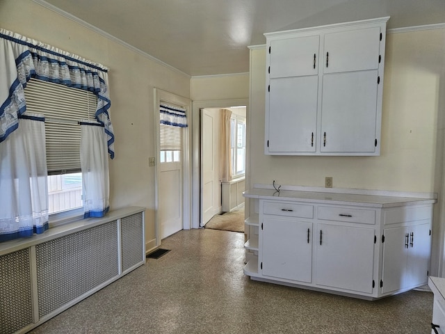 kitchen with crown molding, radiator heating unit, and white cabinets